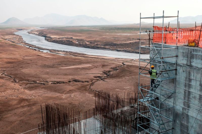 The construction of an Ethiopian dam on the Nile river is seen.