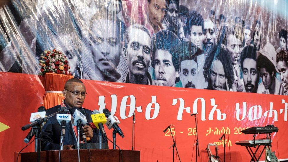 Chairman of the Tigray People's Liberation Front (TPLF) Debretsion Gebremichael delivers a speech during the TPLF First Emergency General Congress in Mekelle, Ethiopia, on January 4, 2020