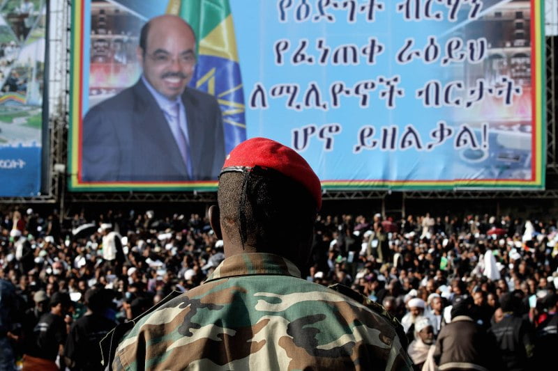 Ethiopian soldiers and thousands of mourners attend the official state funeral of Ethiopia's late prime minister, Meles Zenawi